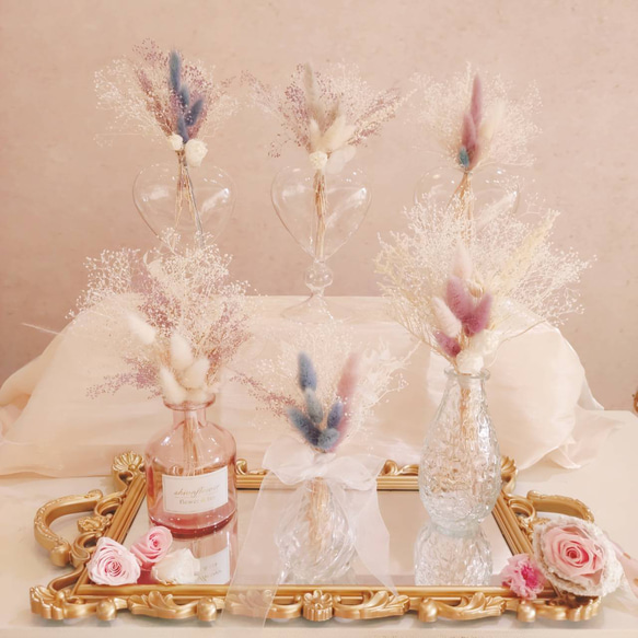 プリザーブドフラワーインテリア ミディアムブーケ 花瓶付き マジカルウォーター 有無 ハートの花瓶 1枚目の画像