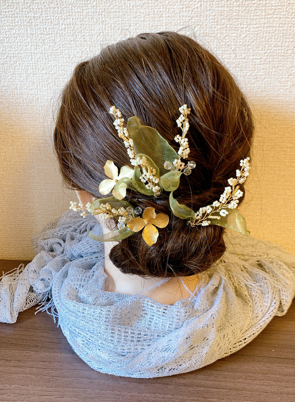 雪柳　ユキヤナギ　オフホワイト　ビーズ　オーガンジー　リボン　お花　お呼ばれ　卒業式　入学式　髪飾り　ヘアアクセサリー 8枚目の画像