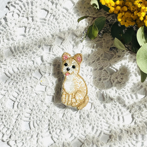 ビーズ刺繍のうちの子ブローチ・スムースチワワ（クリーム&ホワイト