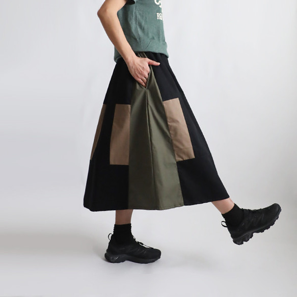 初夏ＳＡＬＥ　８０cm丈　愉快なスカート　パッチワーク　ギャザー　スカート　チノコットン×ベビーキャンバス　Y07G 5枚目の画像