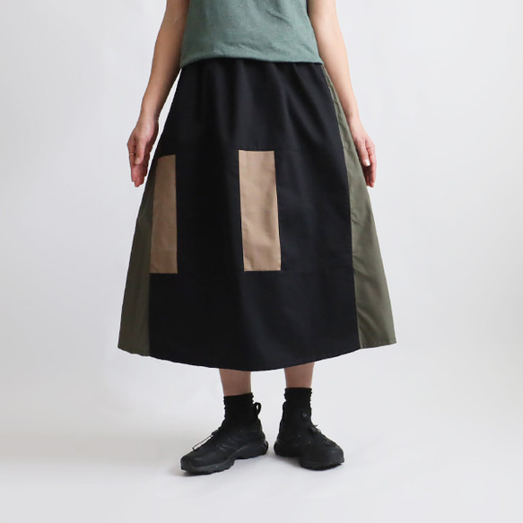 初夏ＳＡＬＥ　８０cm丈　愉快なスカート　パッチワーク　ギャザー　スカート　チノコットン×ベビーキャンバス　Y07G 6枚目の画像