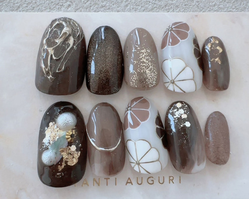 ネイルチップ ニュアンス卒業式成人式 前撮り 振袖 袴 着物 和柄 ブラウン 4eba7b5d5ff717bede228c35565e0c