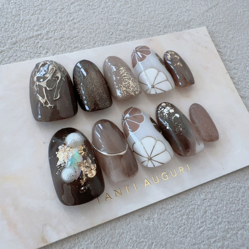 ネイルチップ ニュアンス卒業式成人式 前撮り 振袖 袴 着物 和柄 ブラウン ネイルチップ ニュアンス卒業式成人式 前撮り 振袖 袴 着物 和柄