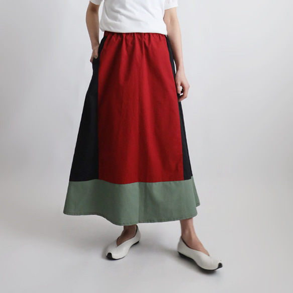 新作　８５cm丈　愉快なスカート　パッチワーク　ギャザー　スカート　チノコットン×ベビーキャンバス　Y21 9枚目の画像