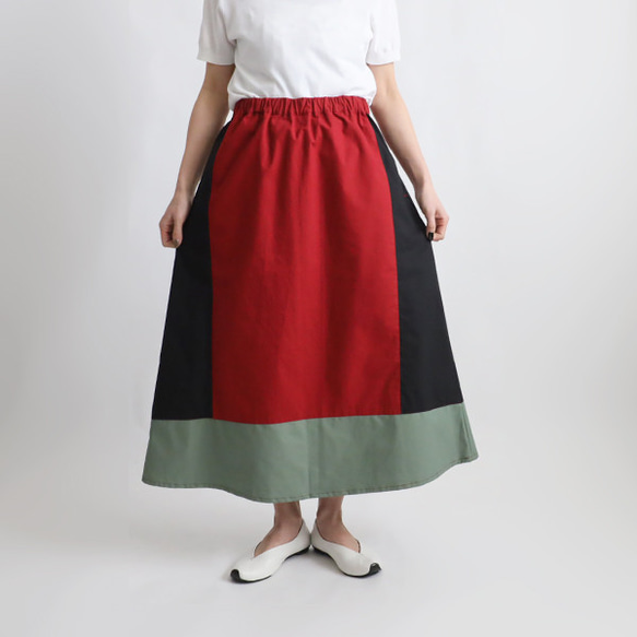 新作　８５cm丈　愉快なスカート　パッチワーク　ギャザー　スカート　チノコットン×ベビーキャンバス　Y21 6枚目の画像