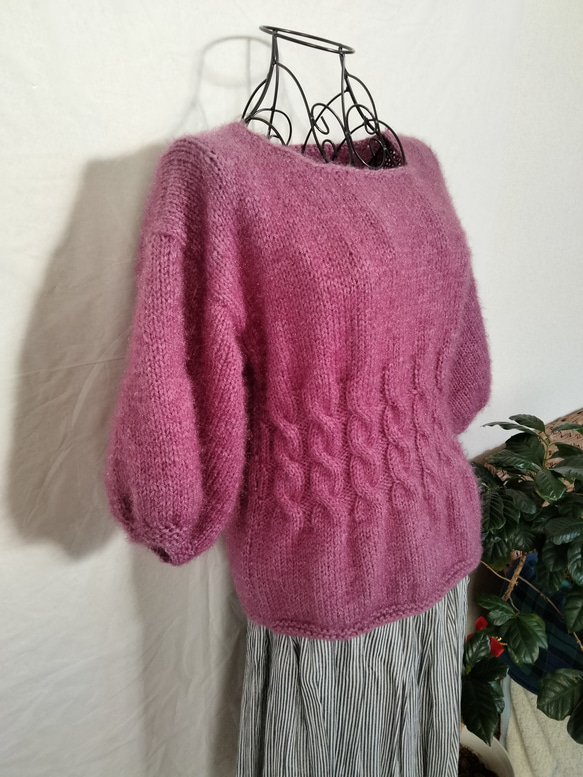 【1日後発送】フェミニンセーター／若紫色の七分袖手編セーター 10枚目の画像