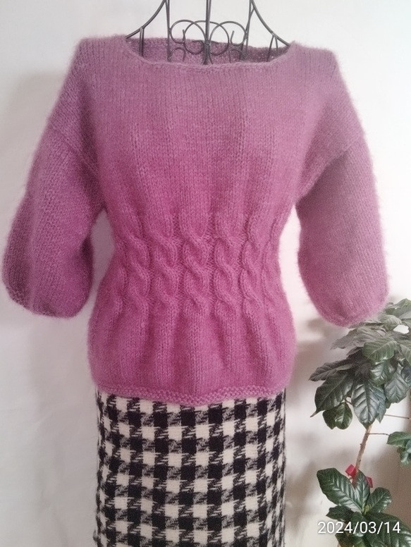 【1日後発送】フェミニンセーター／若紫色の七分袖手編セーター 4枚目の画像