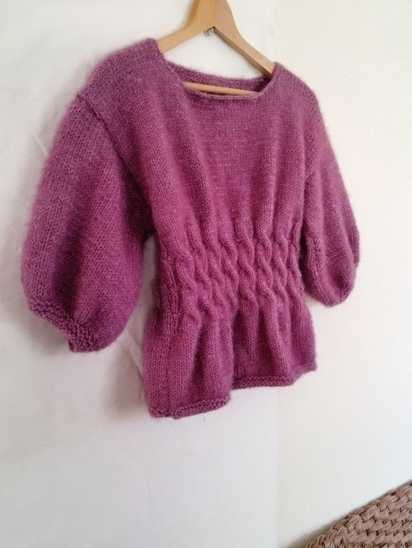 【1日後発送】フェミニンセーター／若紫色の七分袖手編セーター 7枚目の画像