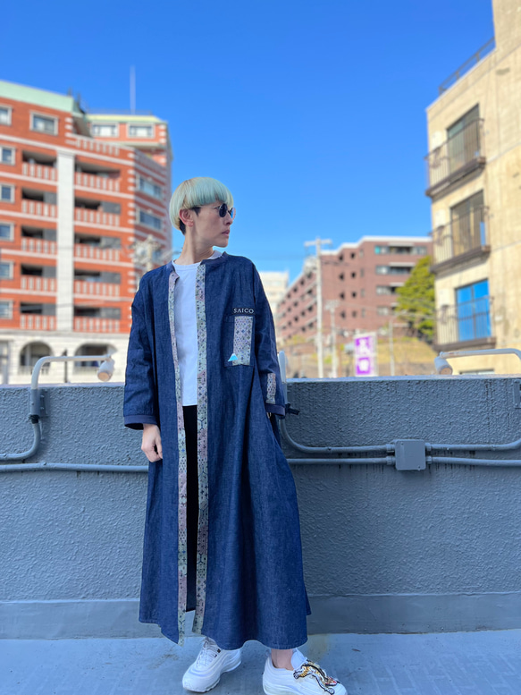 大島紬パッチワーク デニムアトリエローブ 着物リメイク コート SAICO