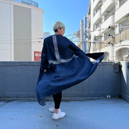 大島紬パッチワーク デニムアトリエローブ 着物リメイク コート SAICO