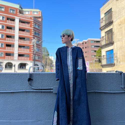 大島紬パッチワーク デニムアトリエローブ 着物リメイク コート SAICO