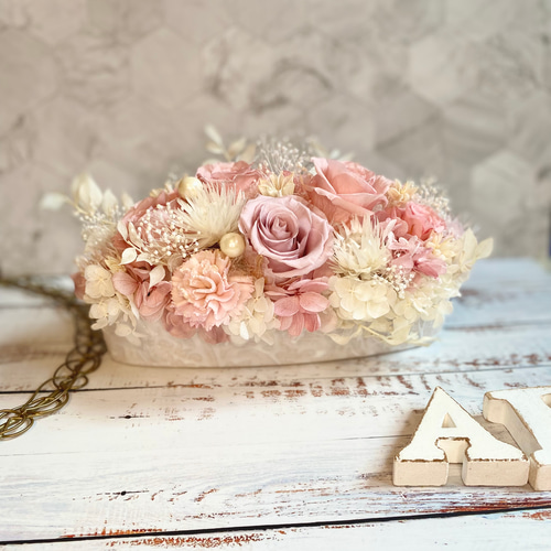 プリザーブドフラワーアレンジメント ラブリーホワイトピンク 横長