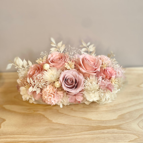 プリザーブドフラワーアレンジメント ラブリーホワイトピンク 横長