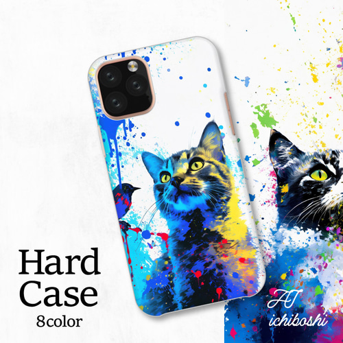 小鳥 猫 アート 寒色 ペンキ もふもふ 全機種対応スマホケース