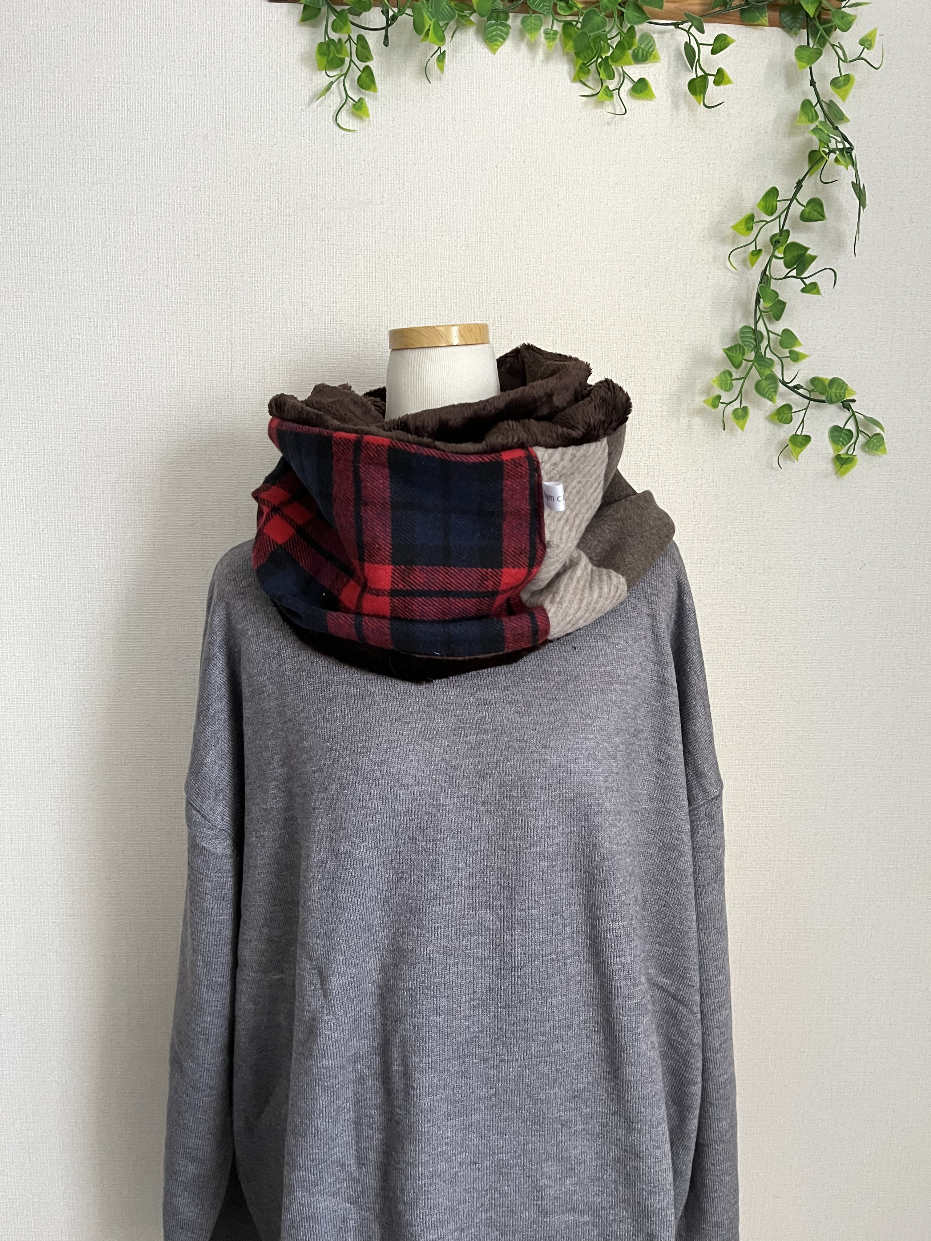 レッドチェック＆ボーダーニット＆ウール混ニットパッチロングスヌードマフラー3 5,382円