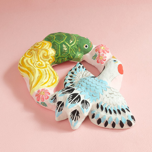 張り子 縁起物飾り-鶴は千年・亀は万年- お面型リース その他置物