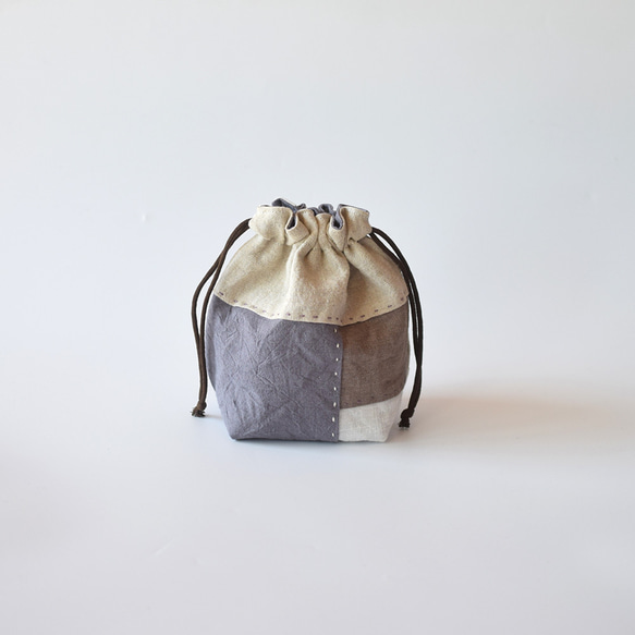 紫色，Kogin 生魚片 x 拼布 [亞麻，帶角撐板的抽繩袋] 非常適合整理行李。 第3張的照片