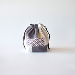 紫色，Kogin 生魚片 x 拼布 [亞麻，帶角撐板的抽繩袋] 非常適合整理行李。 第1張的照片