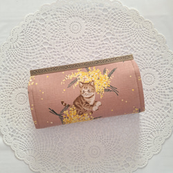 『猫のお財布』ミモザ♡可愛い猫さんの　長財布　直線口金　ピンク系 2枚目の画像