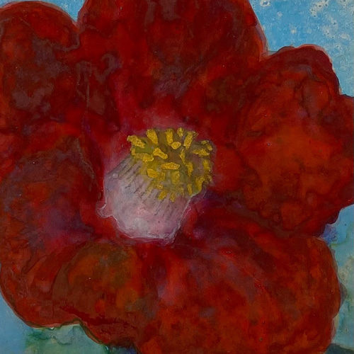 鈴木光洋 『椿』 色紙絵(本絹シケ色紙) 絵画 日本画 冬 春 花