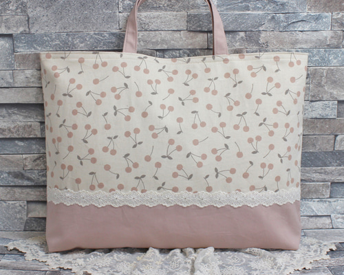 大きめレッスンバッグ『さくらんぼ・レース♥くすみピンク』k2557