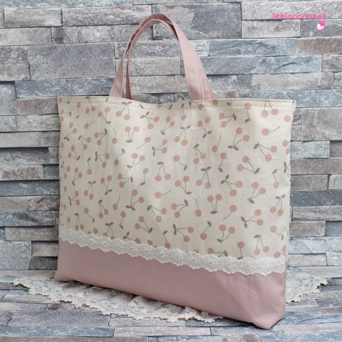 大きめレッスンバッグ『さくらんぼ・レース♥くすみピンク』k2557