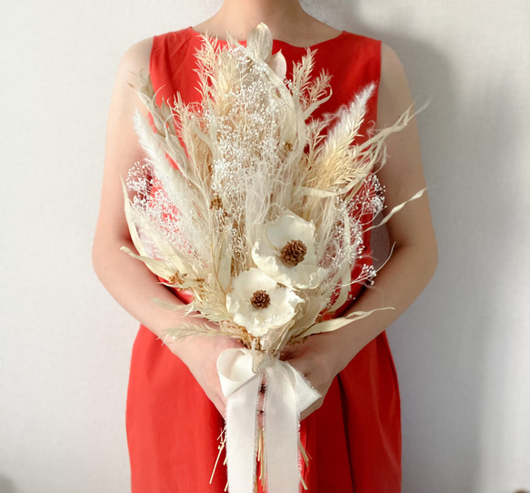 ウェディングブーケ ゴールド ホワイトカラーブーケ ドライフラワー  