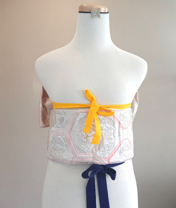蜀江に向かい鶴 作り帯付け帯 振袖用祝い帯 シルバー×ピンク 8枚目の画像
