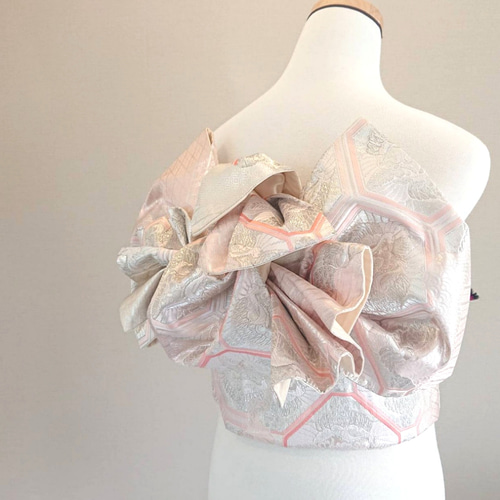 蜀江に向かい鶴 作り帯付け帯 振袖用祝い帯 シルバー×ピンク 和装小物