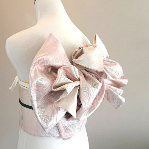 振袖作り帯 蜀江に向かい鶴 作り帯付け帯 振袖用祝い帯 シルバー×ピンク