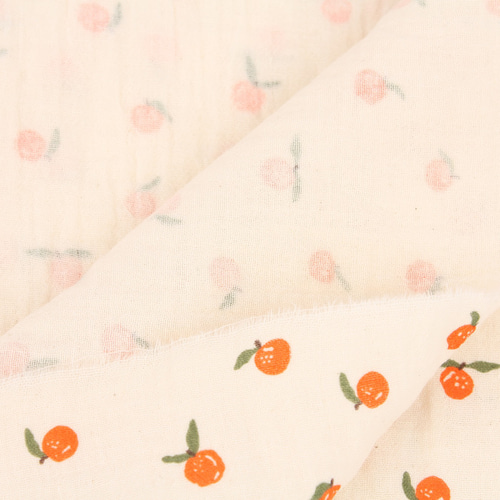 韓国製 大幅 果物柄 みかん柄 マンダリン 生地 コットン100％ ダブル