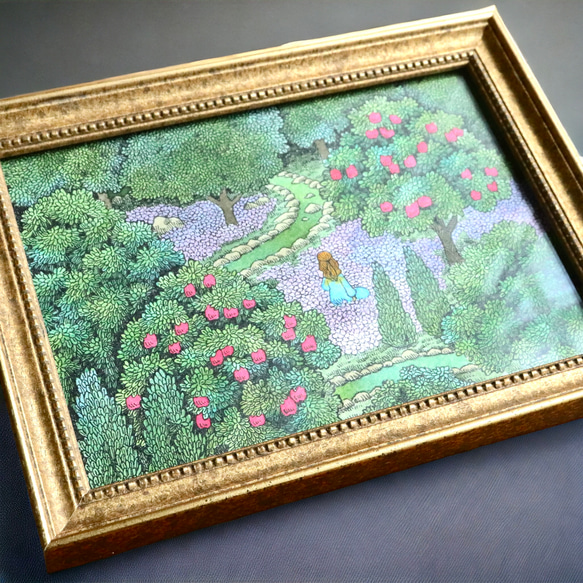 【原画】「森の花園」ペン画　自然の緑と花畑の風景画 5枚目の画像
