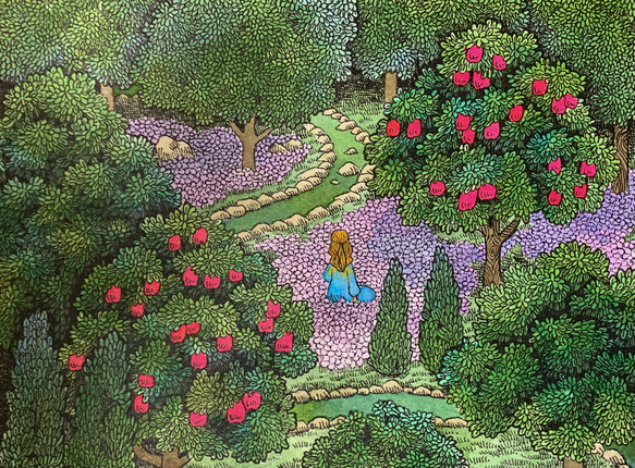 【原画】「森の花園」ペン画　自然の緑と花畑の風景画 2枚目の画像