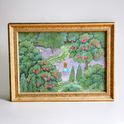 【原画】「森の花園」ペン画　自然の緑と花畑の風景画 1枚目の画像