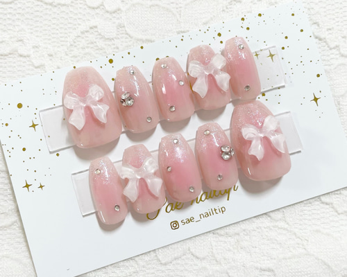 サイズオーダーネイルチップ チーク キラキラ ハート リボン No.142 UVカラーチェンジハート ❁︎ チークネイル ❁︎ リボン