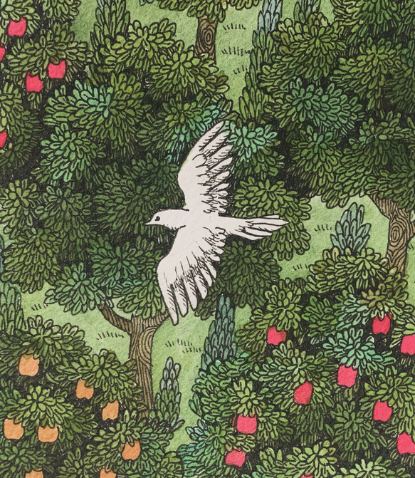 【原画】「楽園を飛ぶ鳥」ペン画　鳥と森の風景画　 2枚目の画像