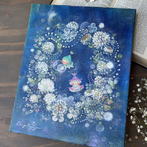 アクリル画　原画　「シロツメクサの咲くフィールド02」額縁付　F3キャンバス 夜明けのシロツメグサ 【原画/F3キャンバス/アクリル画