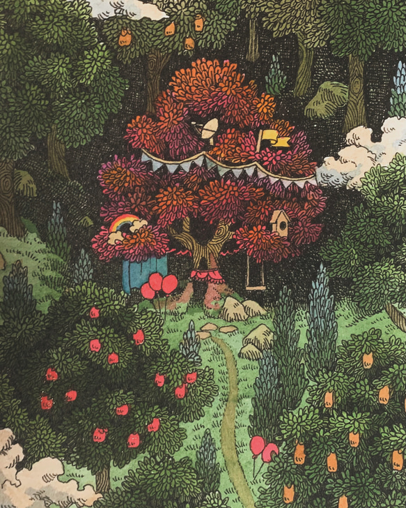 【原画】「森の秘密基地」ペン画　森の風景画 2枚目の画像