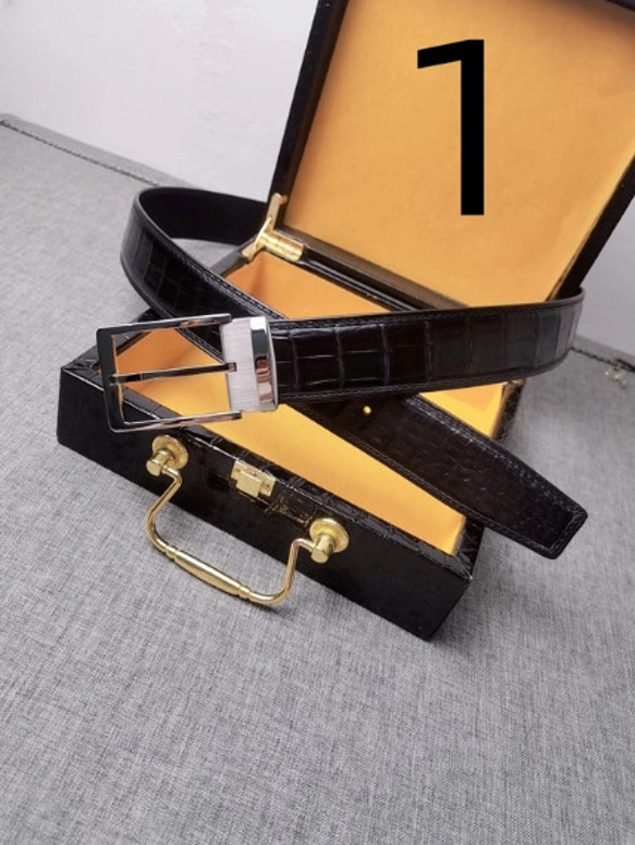 クロコダイルレザー 一枚革 ワニ革 メンズベルト レザーベルト 金具付き ピンタイプ 巾38ｍm サイズ調整可能 1枚目の画像
