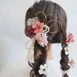 A1  ツインテールの髪飾りセット　卒業式　袴　結婚式　水引　かすみ草　成人式 1枚目の画像