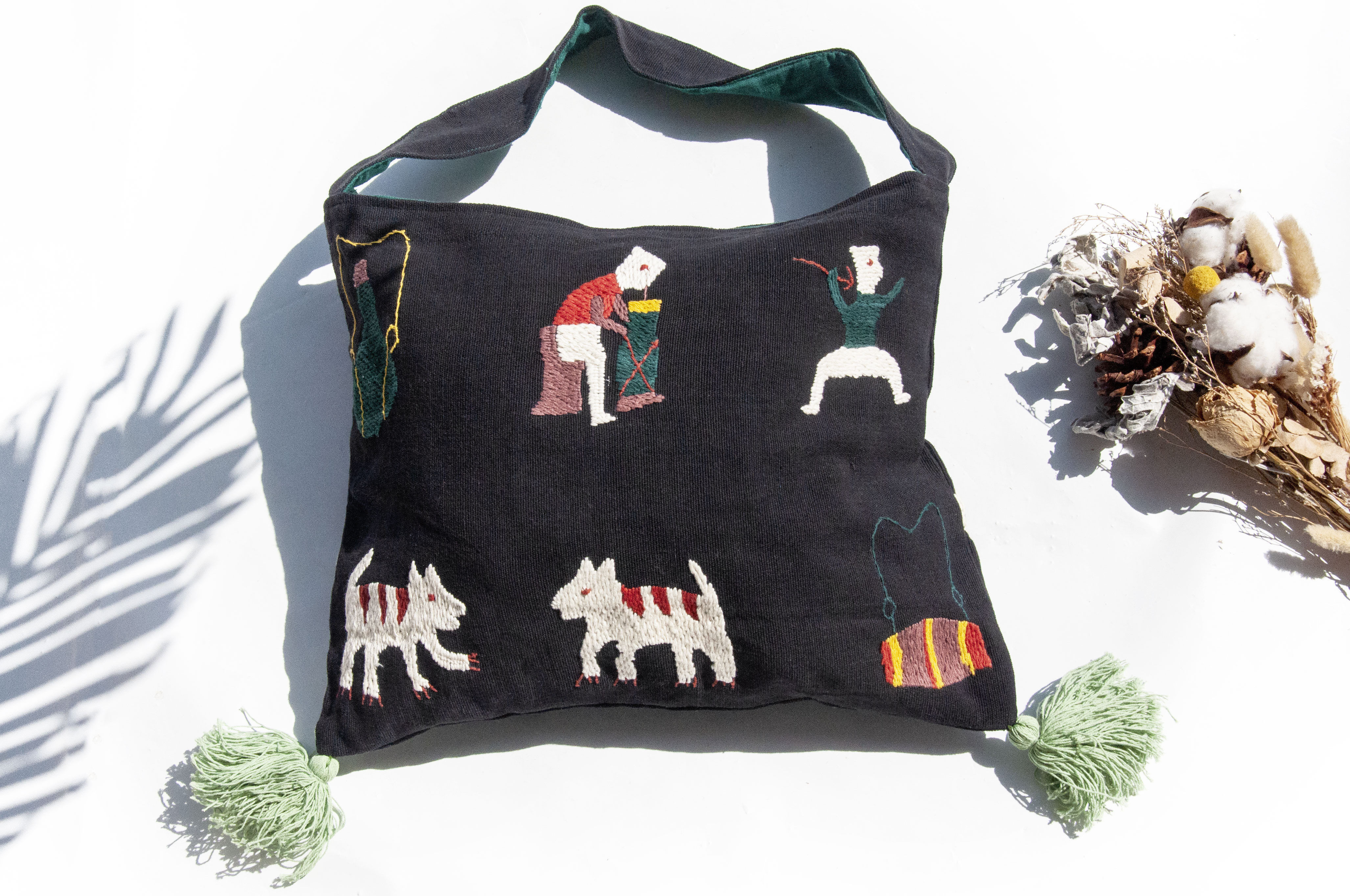 手縫い純綿サイドバックパック、刺繍ハンドバッグ、手刺繍