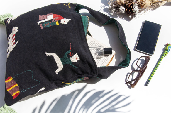 手縫い純綿サイドバックパック、刺繍ハンドバッグ、手刺繍ショルダーバッグ、手刺繍バッグ-レインボーアニマルタッセル刺繍トートバッグ 16枚目の画像