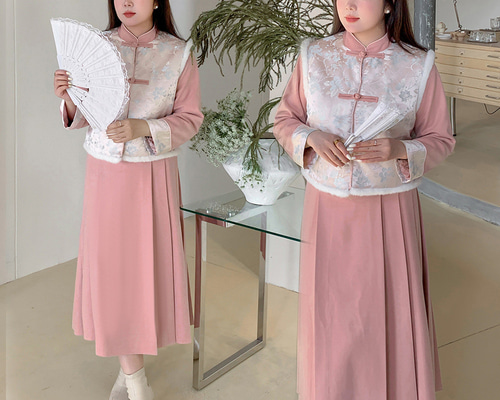 春新作 XL~5XL 中国風チャイナドレストップスカートセット 大きい