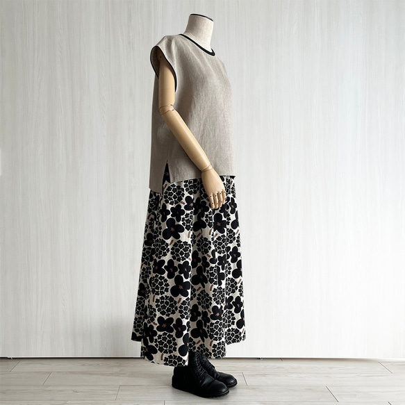 【日本/遠州】ギャザーフレアロング丈スカート_選べるスカート丈_綿麻_北欧風ブーケ柄 6枚目の画像