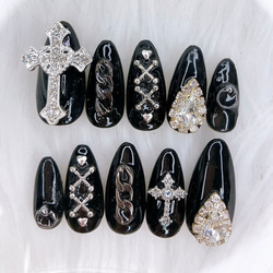No.78 クロス×地雷系 ネイルチップ 量産型 黒 Y2K ギャルネイル