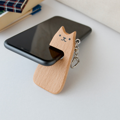猫なスマホスタンド（に）《送料無料》木製・薄型・キーホルダー・一緒