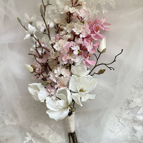 桜、マグノリア、胡蝶蘭、ブーケ、ウェディングブーケ、和装 桜、マグノリア、胡蝶蘭、ブーケ、ウェディングブーケ、和装