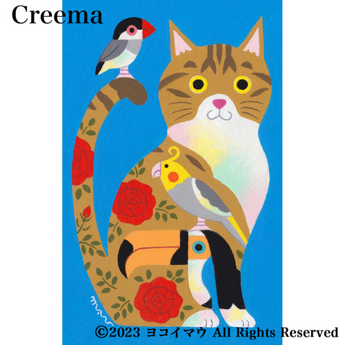 原画「猫と小鳥のポップアート 茶トラ猫」アート/絵画/イラスト