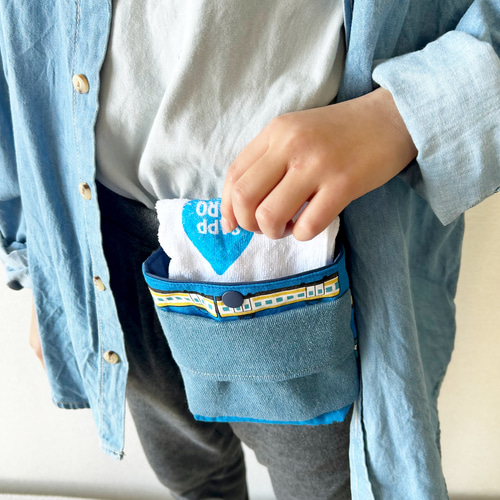 ハンドメイド 新幹線 巾着 移動ポケット のりもの 青 男の子