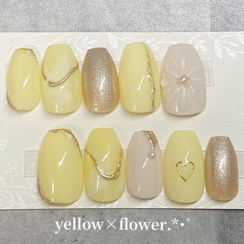ネイルチップ}イエロー 春 花 フラワー ぷっくり ハート ネイル ミラー  